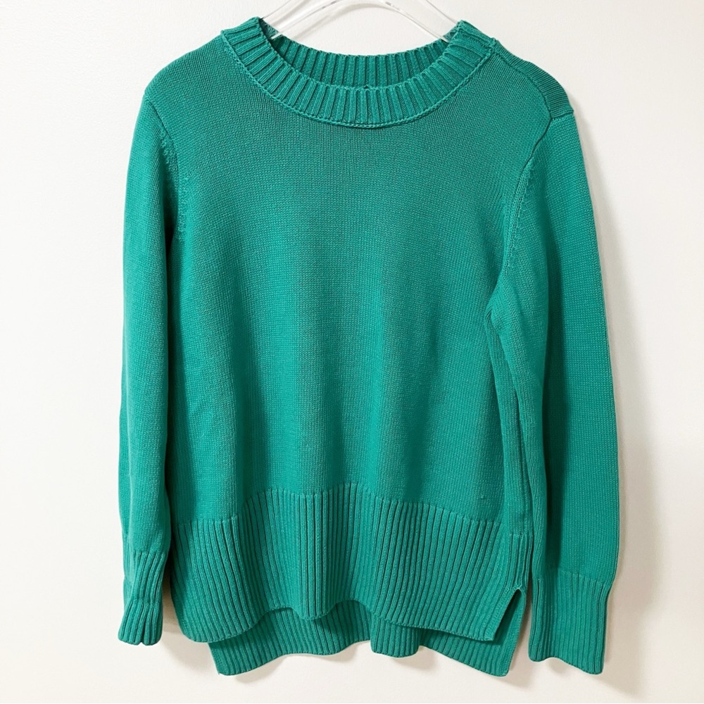 Peace Love World | Green Crewneck Sweater L Chunky Cozy Holiday Minimalist